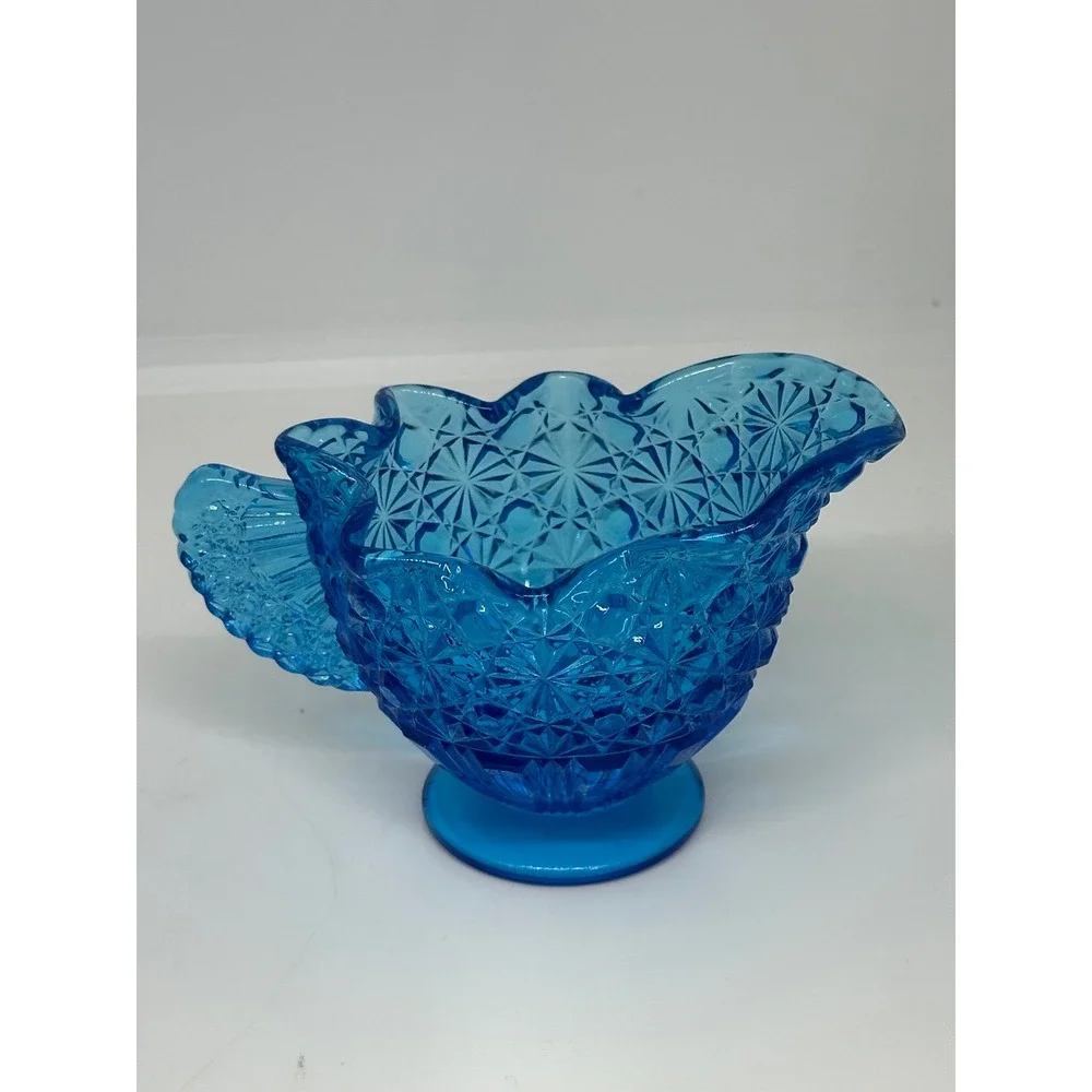 VTG Fenton Blue Glass Creamer Sugar Bowl Set Daisy Button Pattern Scalloped Edge